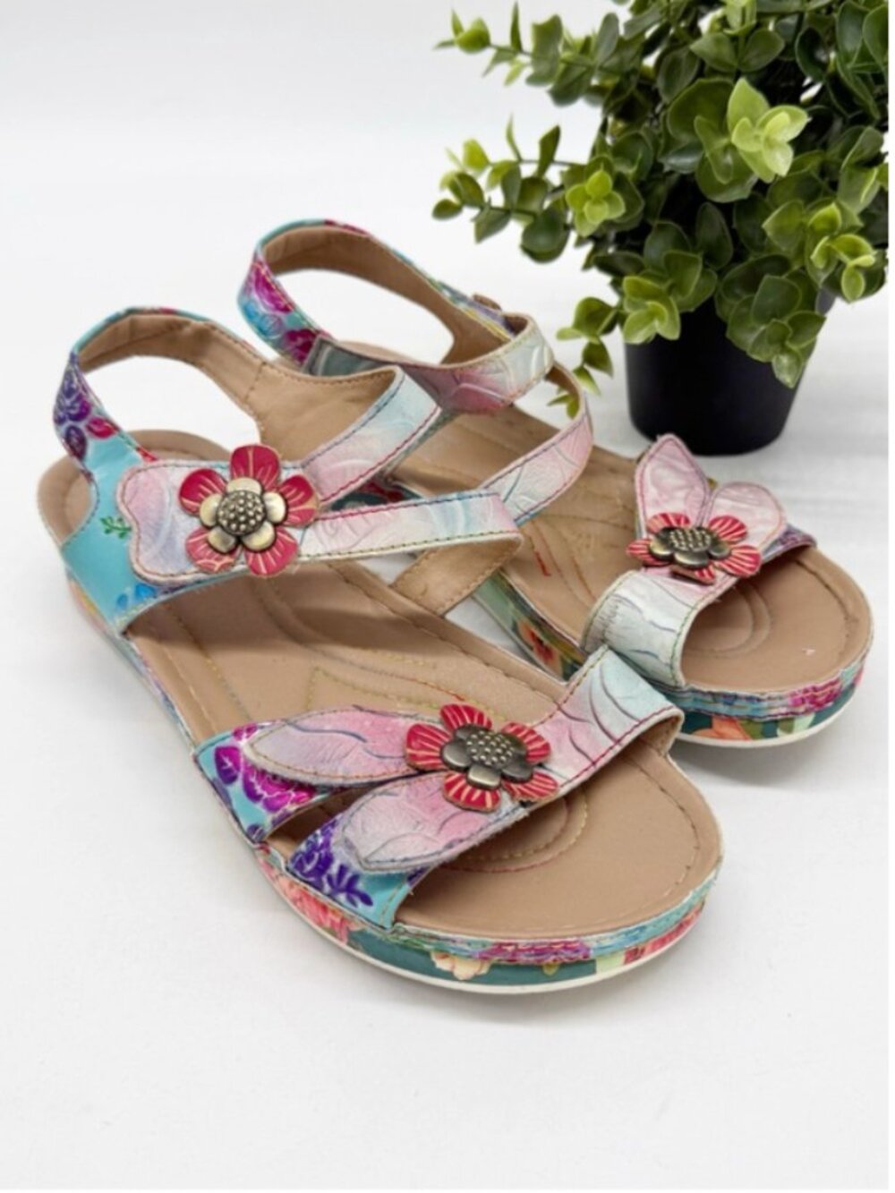 Spring Step L'Artiste CALISTA Sandals Size 38 Multicolor Floral Cushioned Comfy
